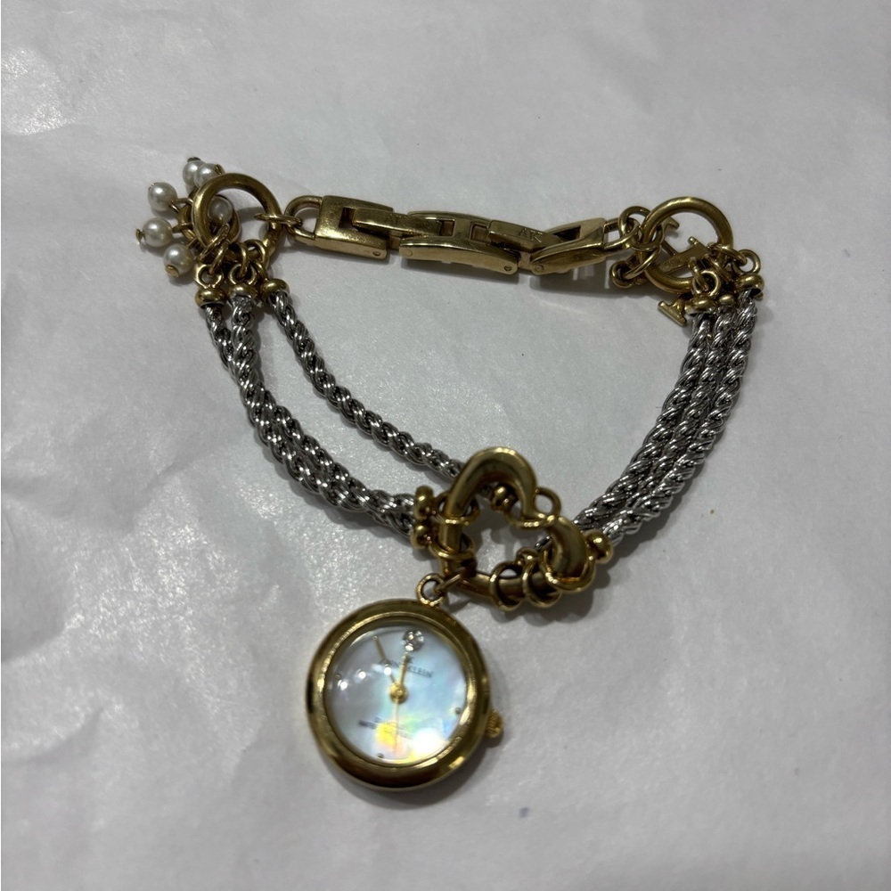 Anne Klein Gold and Silver Chain Bracelet Watch with Charm